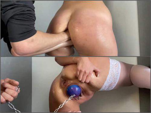 Girl gets fisted – Girl with piercing labia gets double fisted and really giant ball in pussy