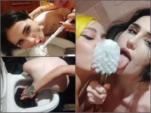 Toilet brush – Forest whore Extreme toilet challenge. Two whores lick 10 public toilets in a cafes – Premium user Request